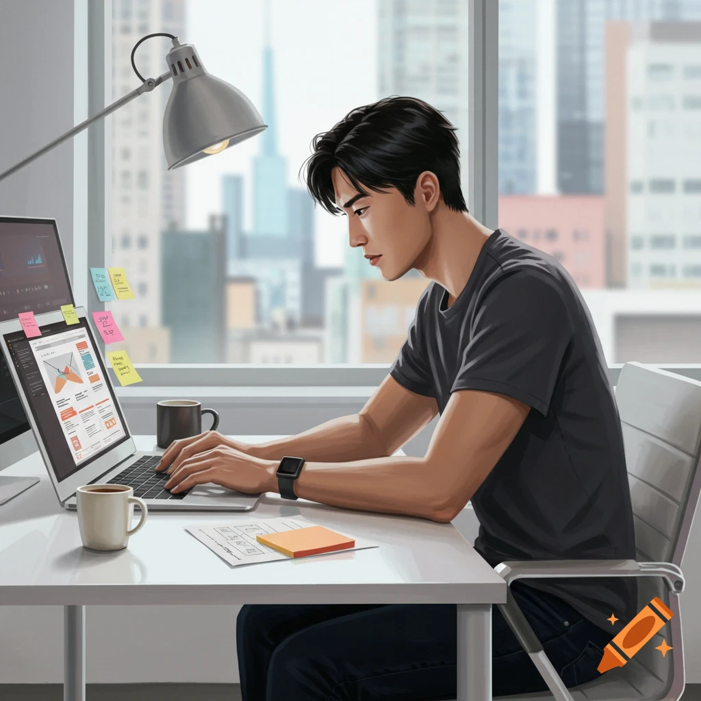 A man is working on a laptop at a desk with a city view.