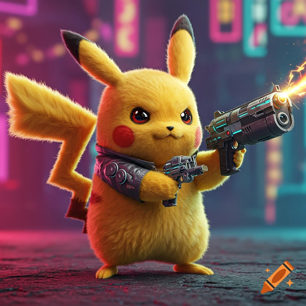 Pikachu wearing a vest and holding two futuristic guns in a cyberpunk setting.