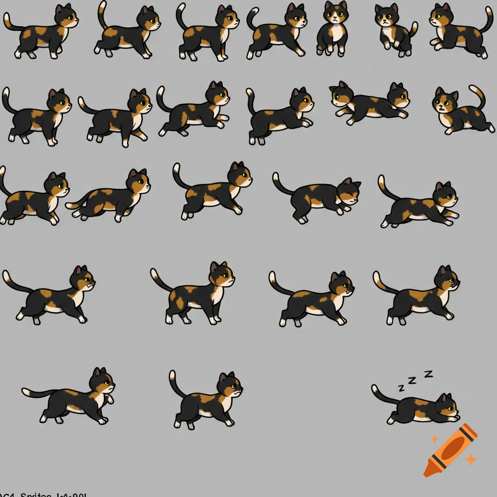 A sheet of cartoon calico cat sprites in different poses.