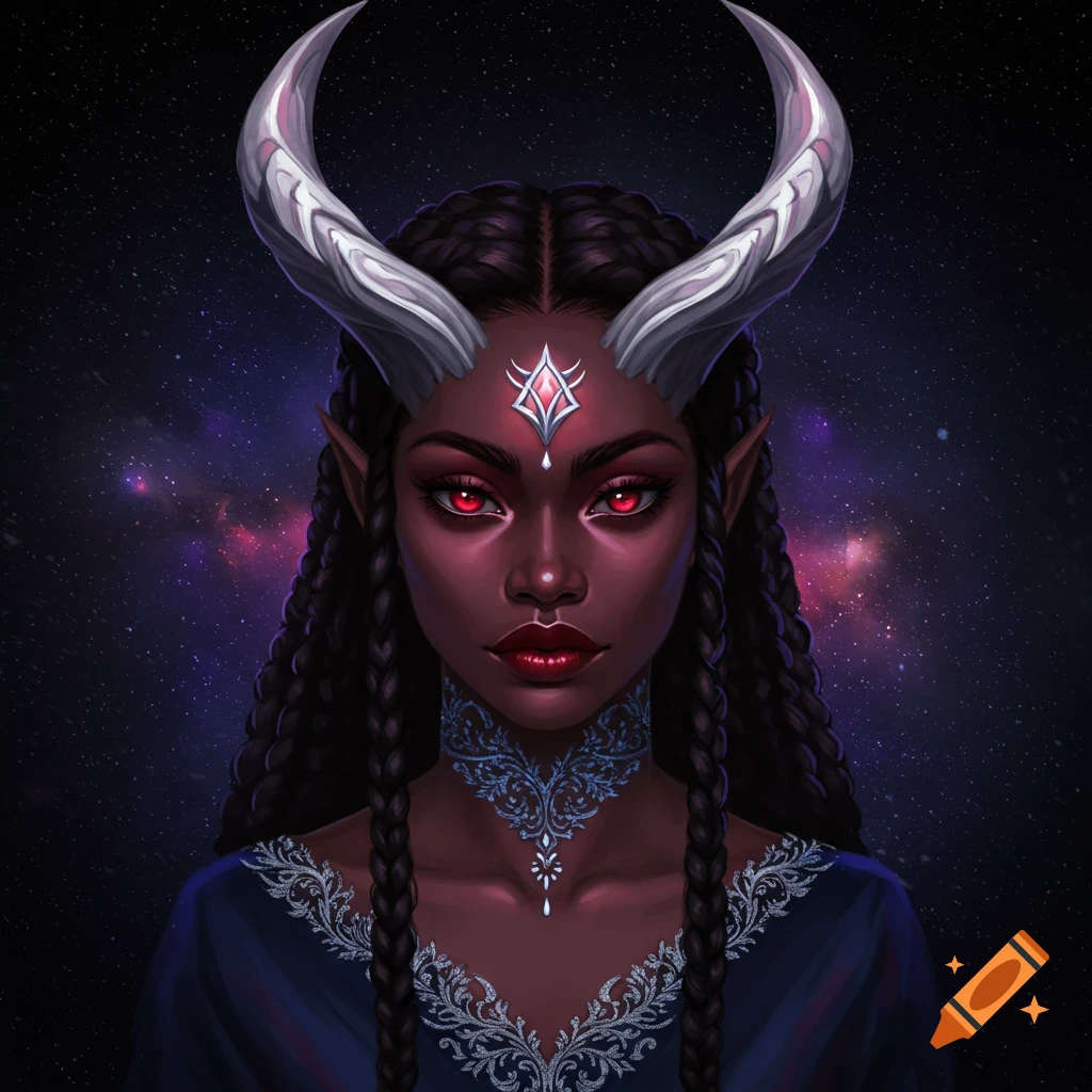 A fantasy woman with red eyes and silver horns against a space background.