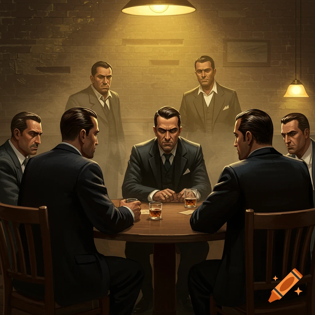 Men in suits gathered around a table.