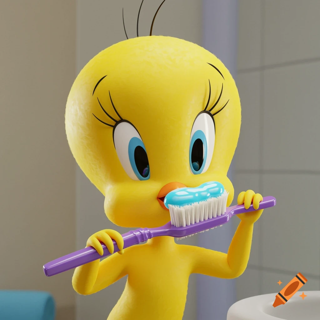 A 3D rendering of Tweety Bird brushing his teeth in a bathroom.