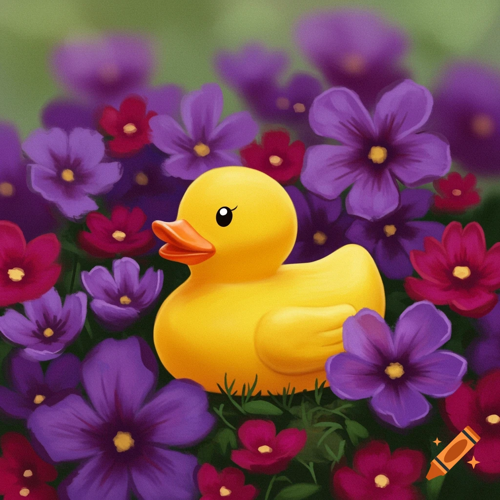 A cheerful yellow rubber duck sits among vibrant purple and red flowers.