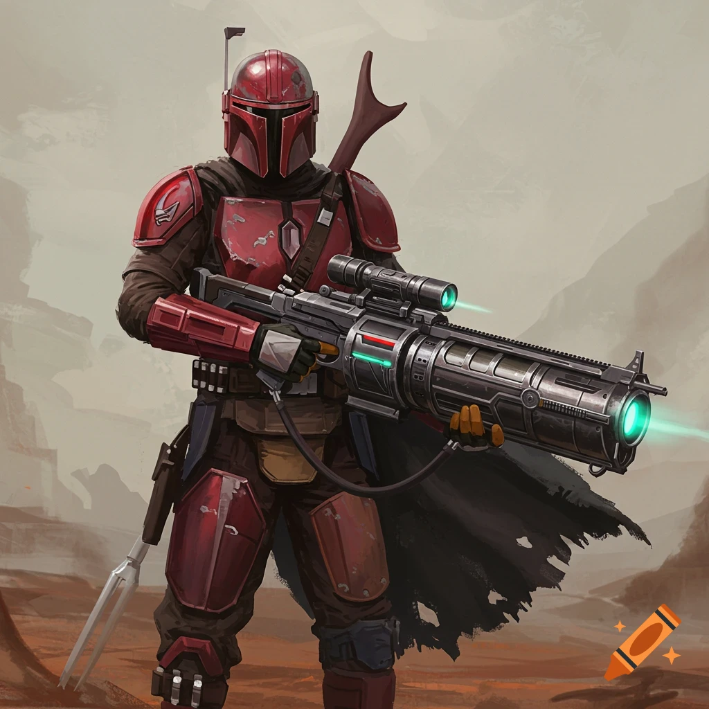 A sci-fi warrior in red armor holds a massive gun.