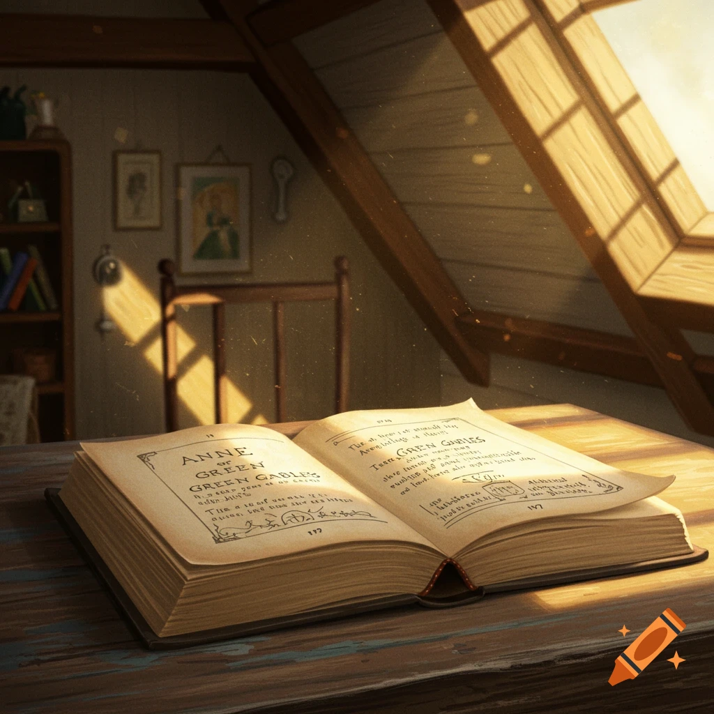 An open book titled Anne of Green Gables on a table in a sunlit attic room.