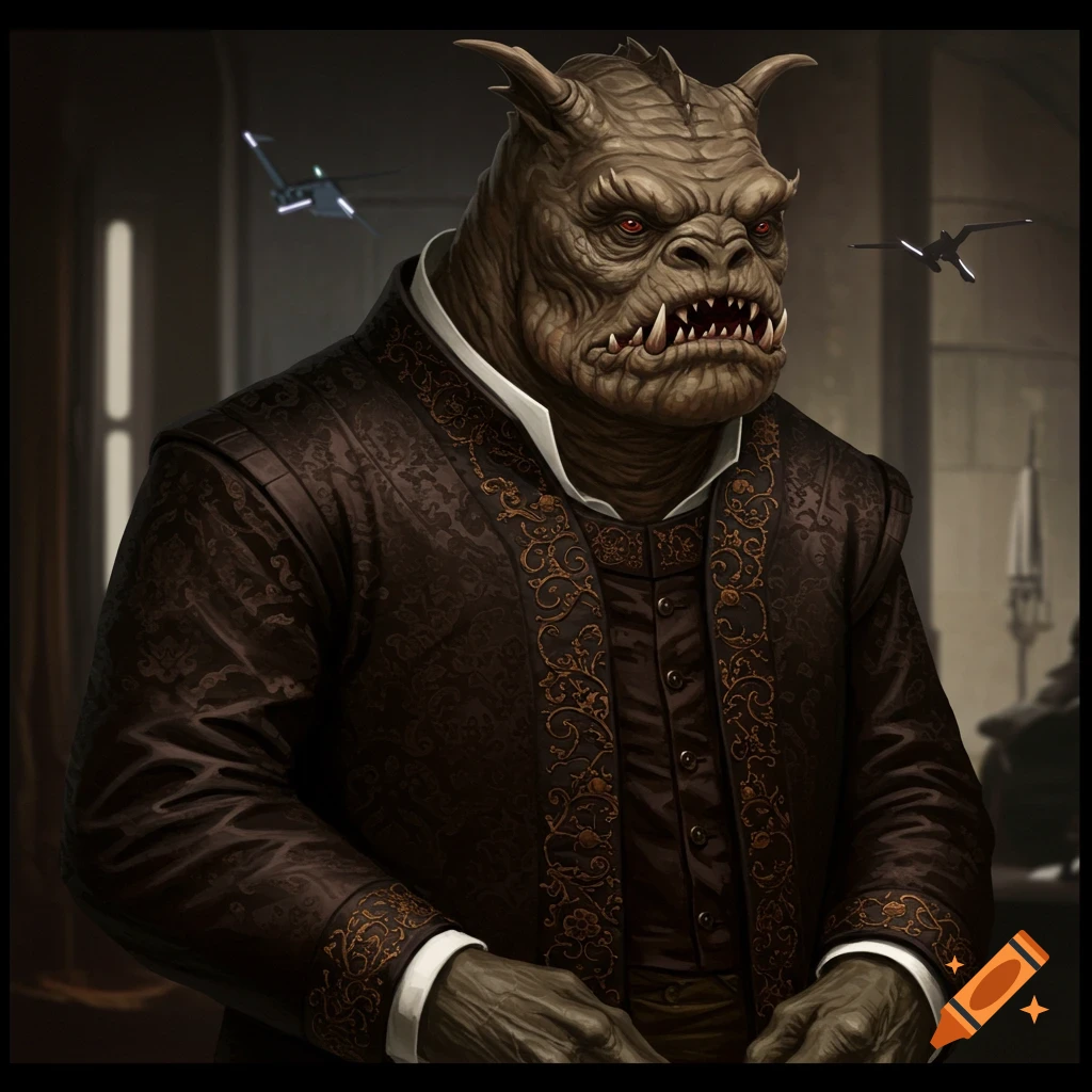 A monstrous alien wearing a dark, patterned formal coat.