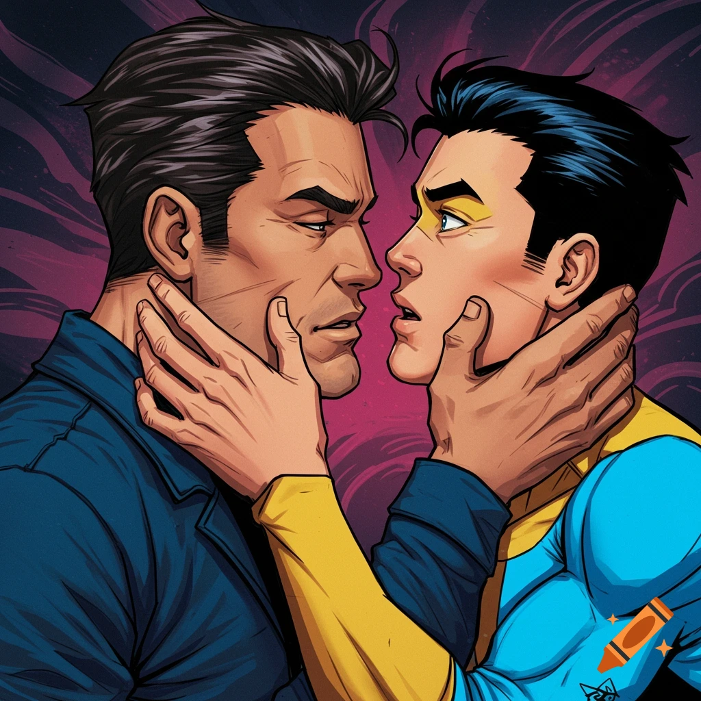 Cecil Steadman and Nolan Grayson from Invincible looking intimately at each other
