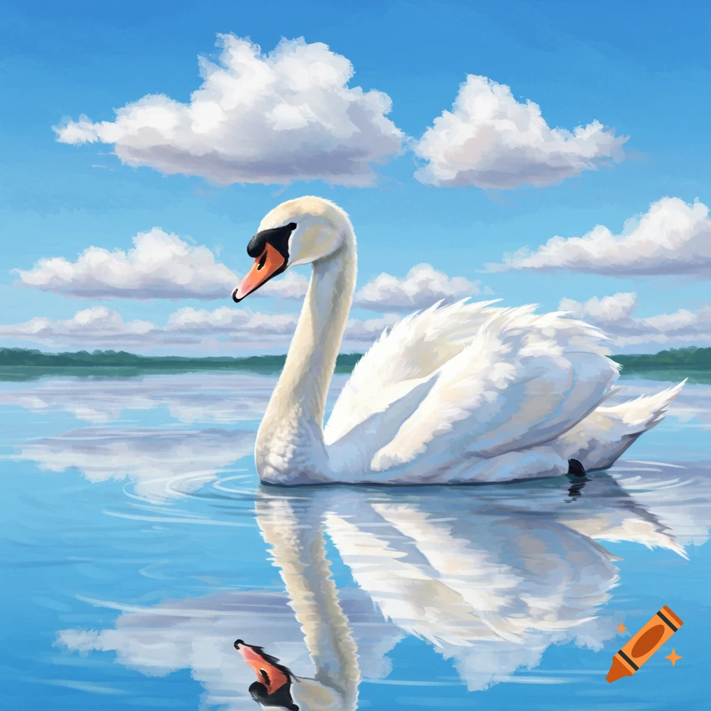A white swan swims on a lake under a cloudy blue sky.