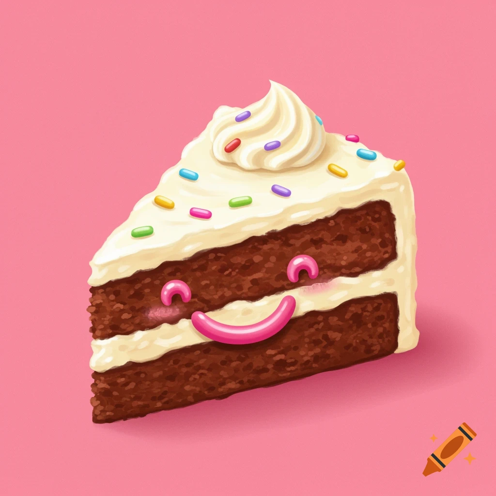 A whimsical slice of chocolate cake with vanilla icing, sprinkles, and a smiling face, on a pink background.