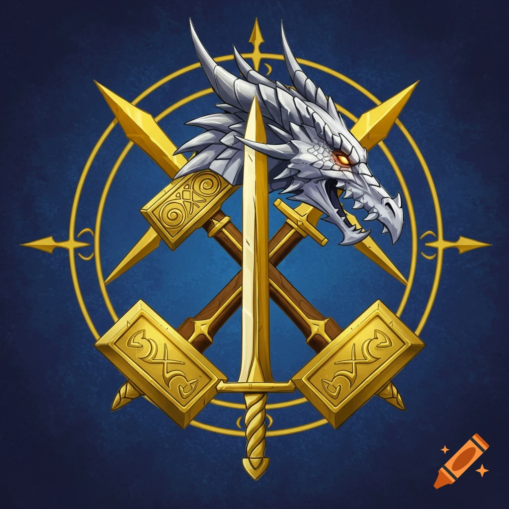 A white dragon head over crossed gold weapons within a gold circle symbol.