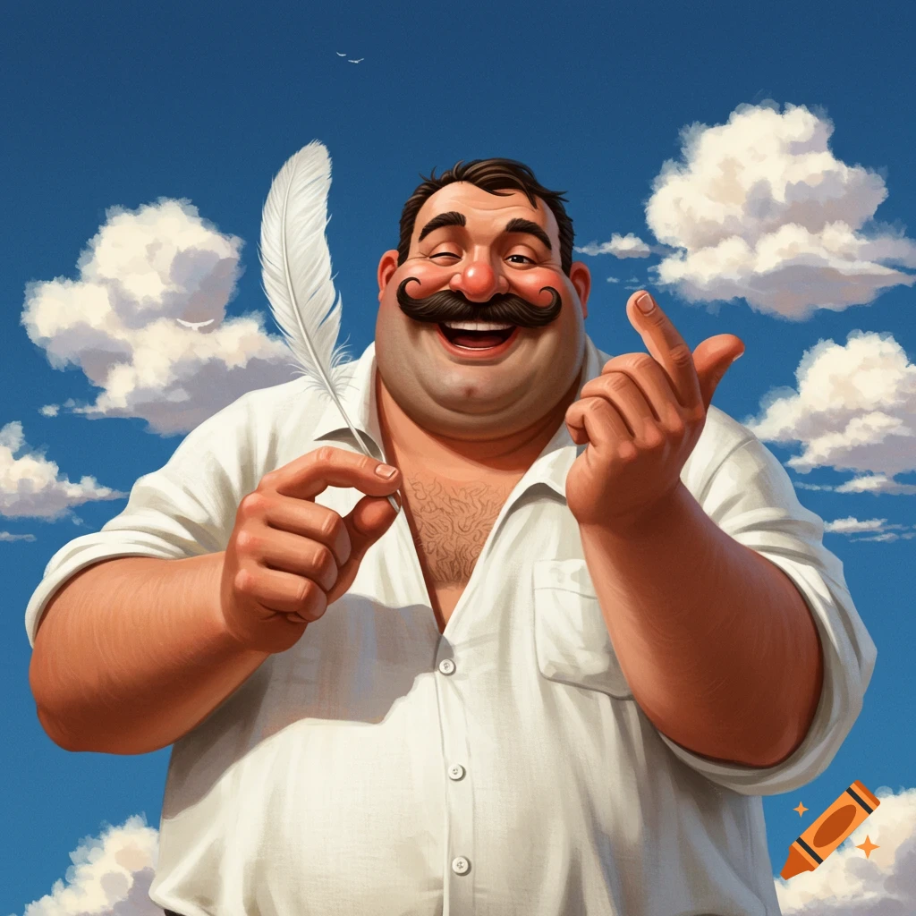 A smiling man with a mustache holds a feather against a blue sky.