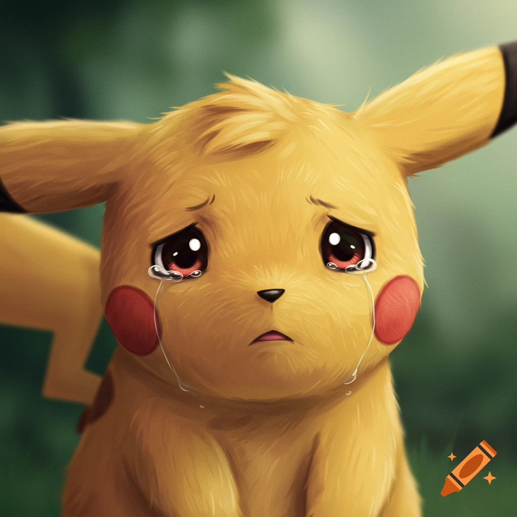 A close-up illustration of a sad and crying Pikachu.