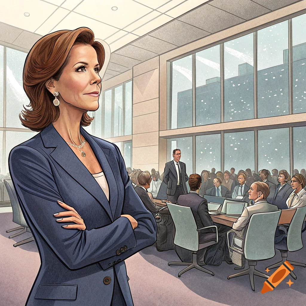 Illustration of a woman in a suit standing in a meeting room with people seated at a table behind her