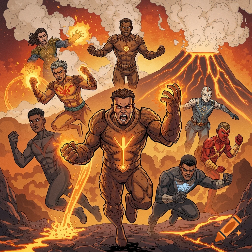 A group of diverse superheroes with powers related to fire and earth stand before an erupting volcano in a comic book style.
