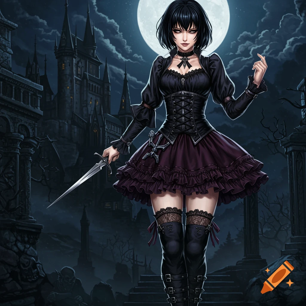 Young woman in gothic outfit holding a dagger outside a castle under a full moon, illustration.