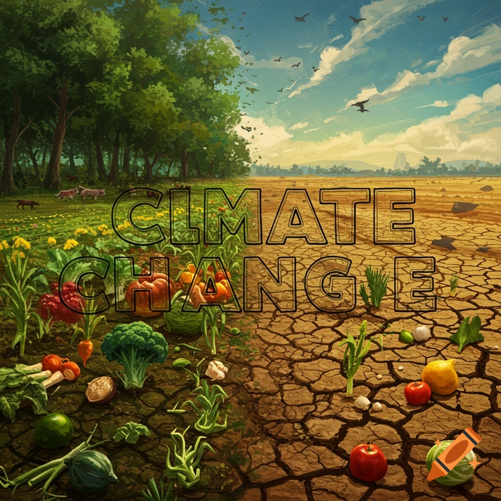 Shows a lush green landscape contrasted with cracked dry earth, with vegetables on both sides and 'CLIMATE CHANGE' text overlay.