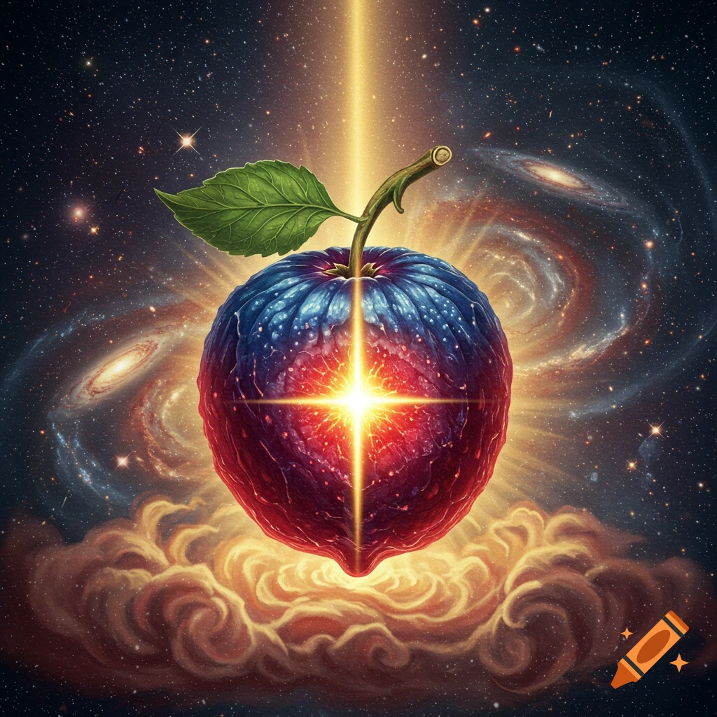 A glowing fruit in the center of space surrounded by galaxies and clouds.