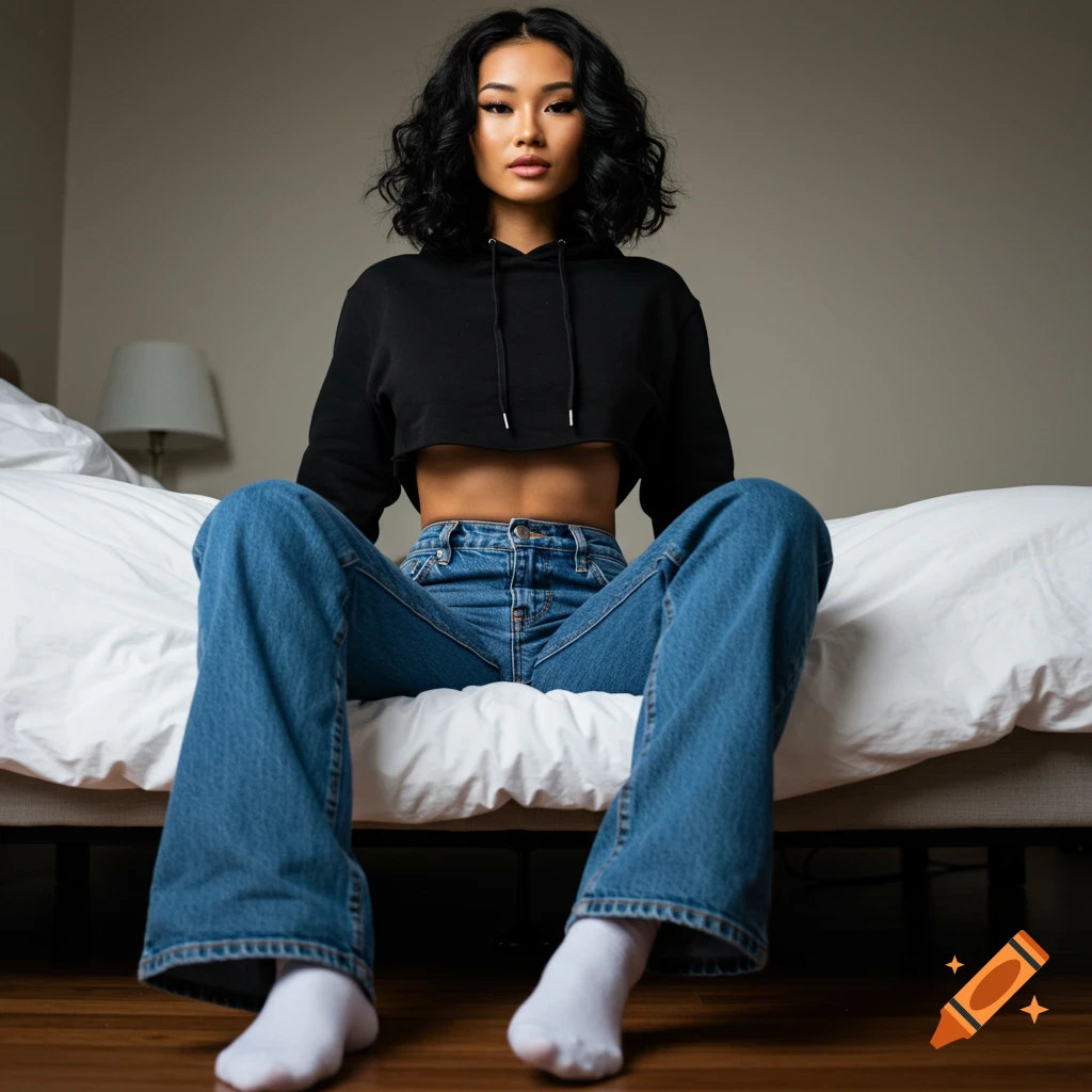 A woman in a black cropped hoodie and jeans sits on a bed, looking at the camera. Photorealistic.