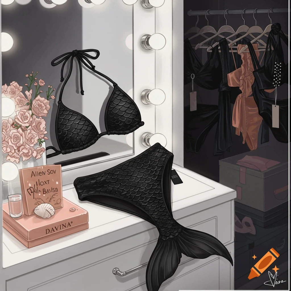 Black mermaid scale bikini and bottom on a vanity table with flowers and a book, next to a closet.