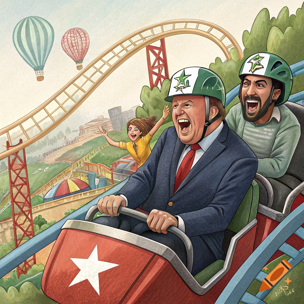 Illustration of Donald Trump and another person on a roller coaster at an amusement park with hot air balloons.