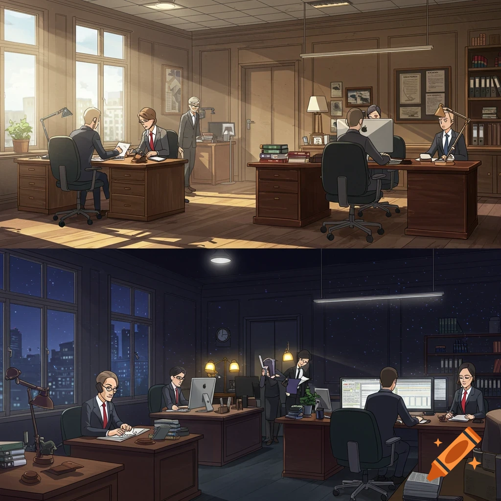 An illustrated image of a law office, split into day and night scenes, with people working.