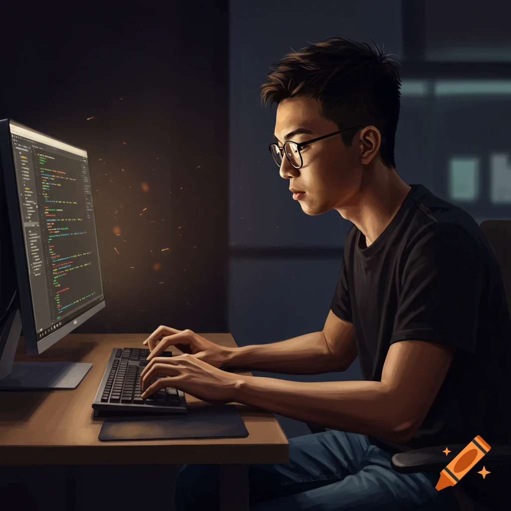 A programmer is working on a computer in a dark room, typing on the keyboard.