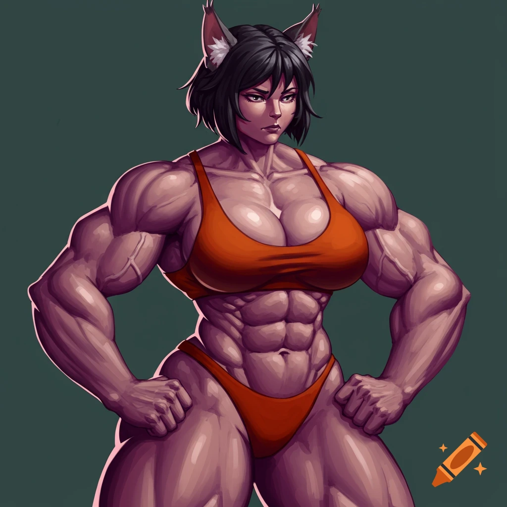 A highly muscular cat-woman posing