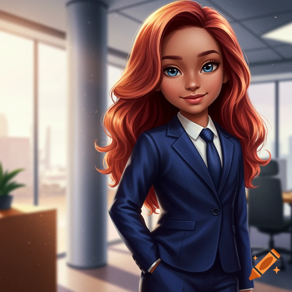 A woman with red hair wears a navy blue suit in an office.