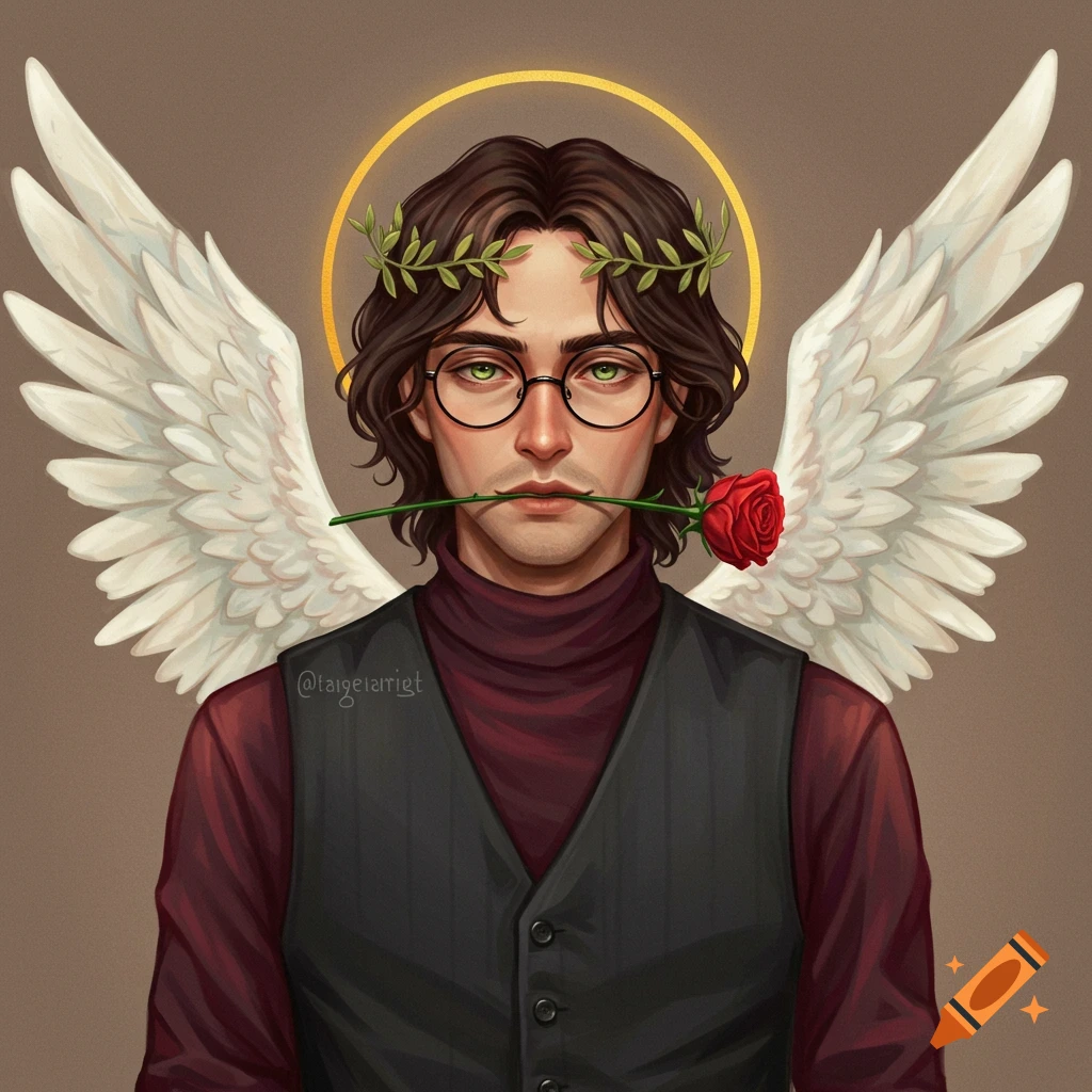 A person with wings, a halo, and glasses holds a red rose in their mouth.