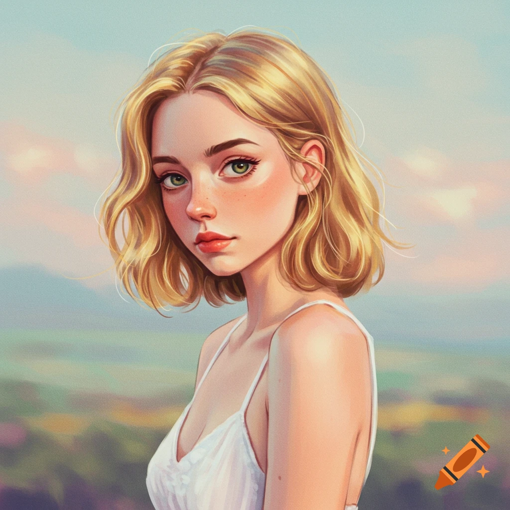 Portrait of a young woman with blonde wavy hair and green eyes in a white dress.