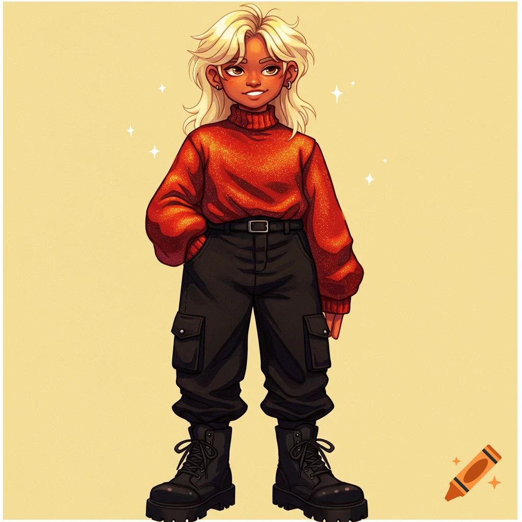 Digital illustration of a person with blonde hair wearing a red glittery turtleneck, black cargo pants, and black boots.