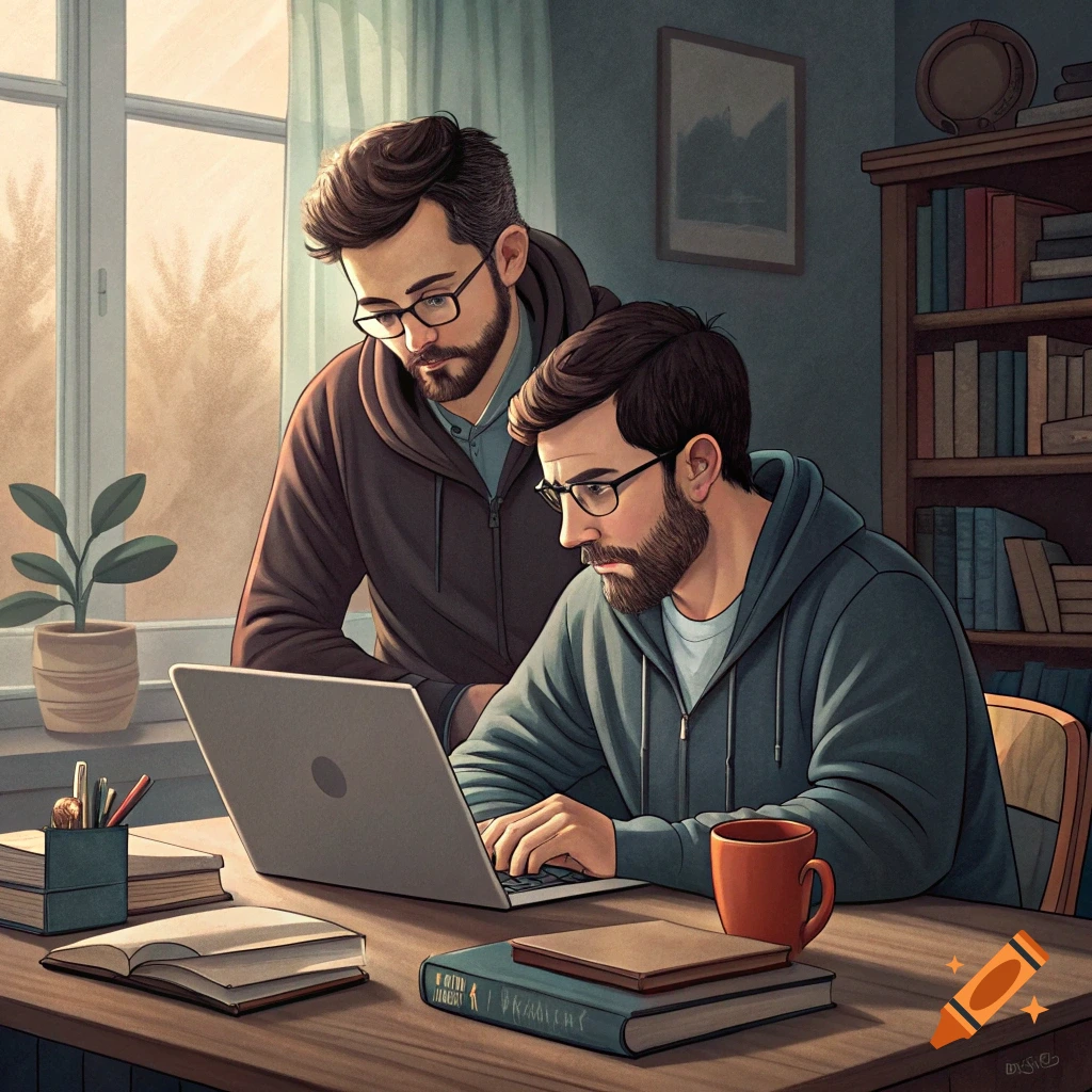 Two men working on a laptop in a room, illustration style.