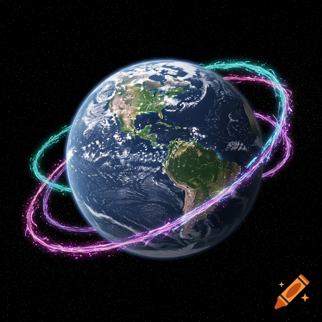 Earth in space with swirling pink and blue glowing light trails.