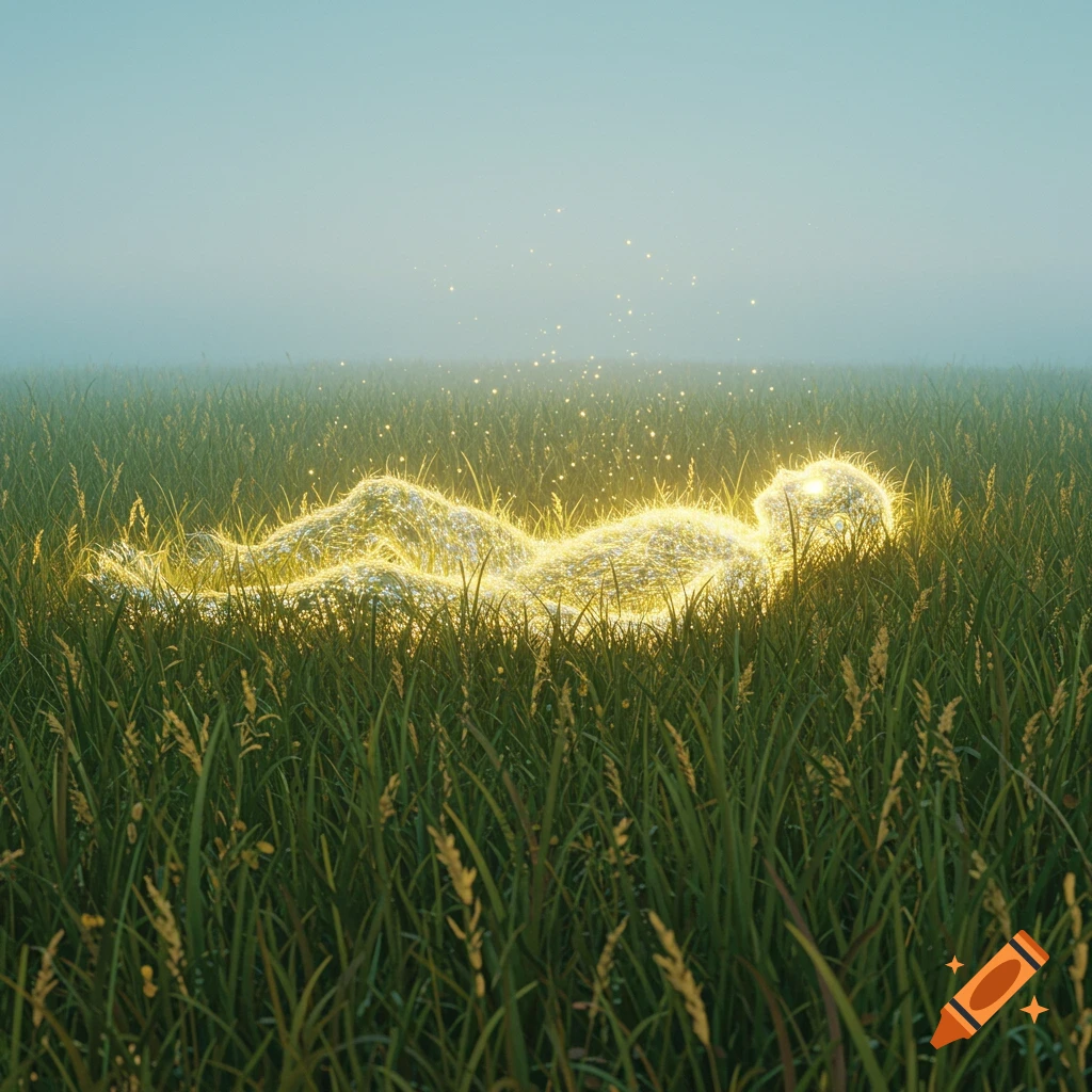 A glowing, abstract figure lies in tall green grass under a hazy sky with sparkling light effects.