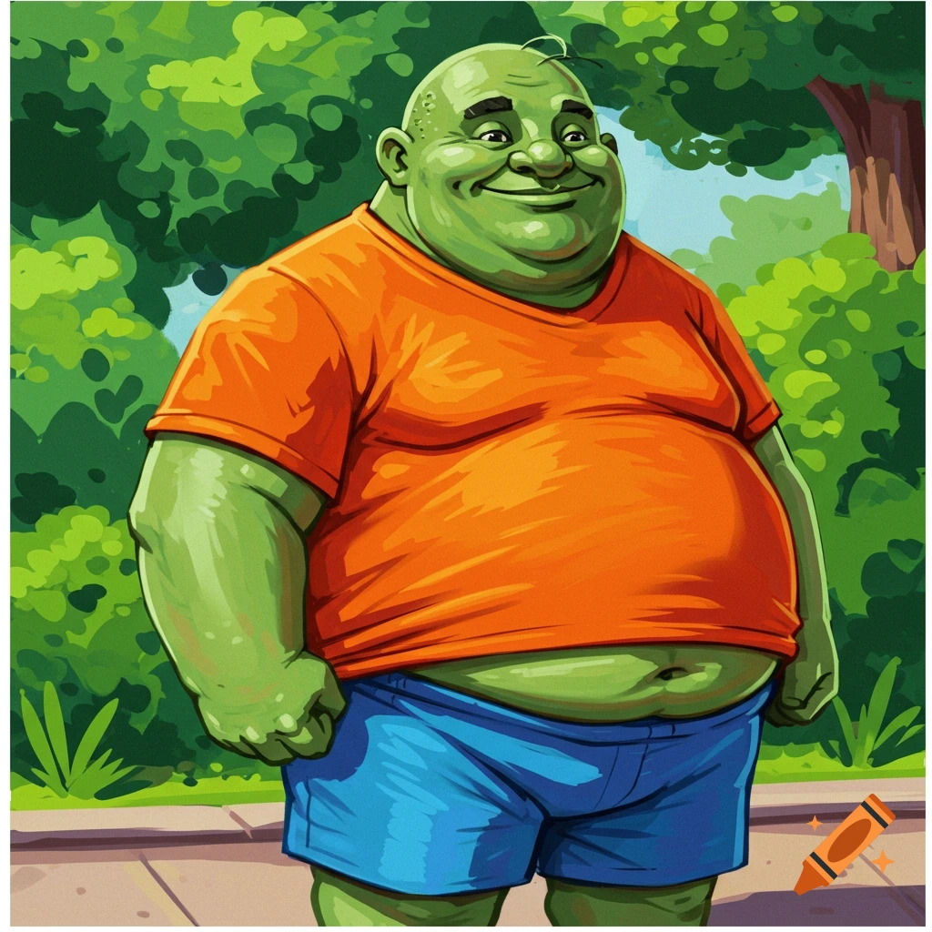 A large, green cartoon man in an orange shirt and blue shorts stands outdoors.