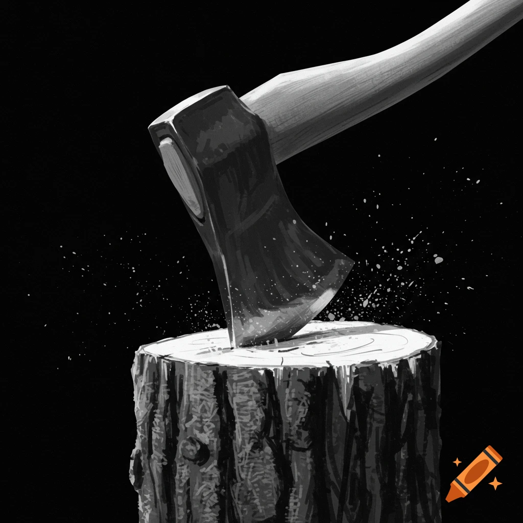 Black and white image of an axe hitting a log, causing splinters.