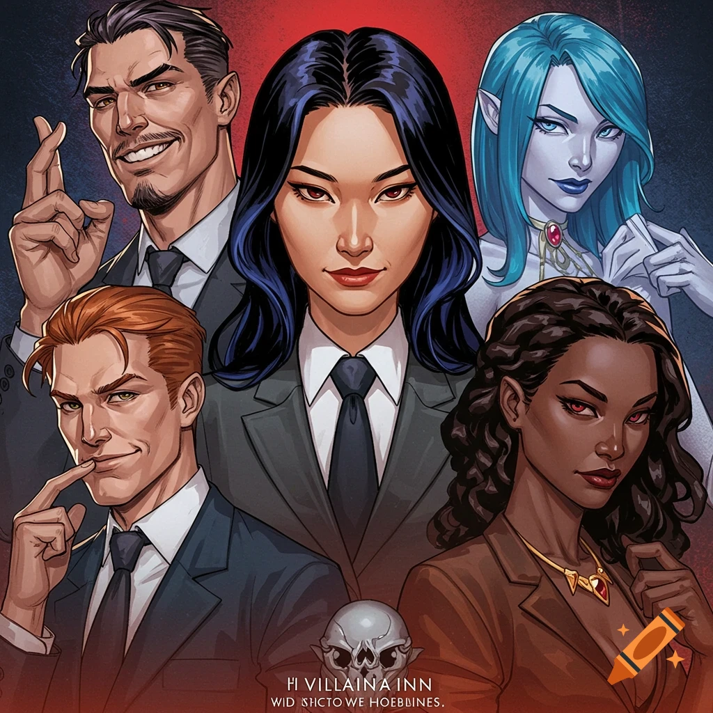 A group of five diverse fantasy villains in suits.