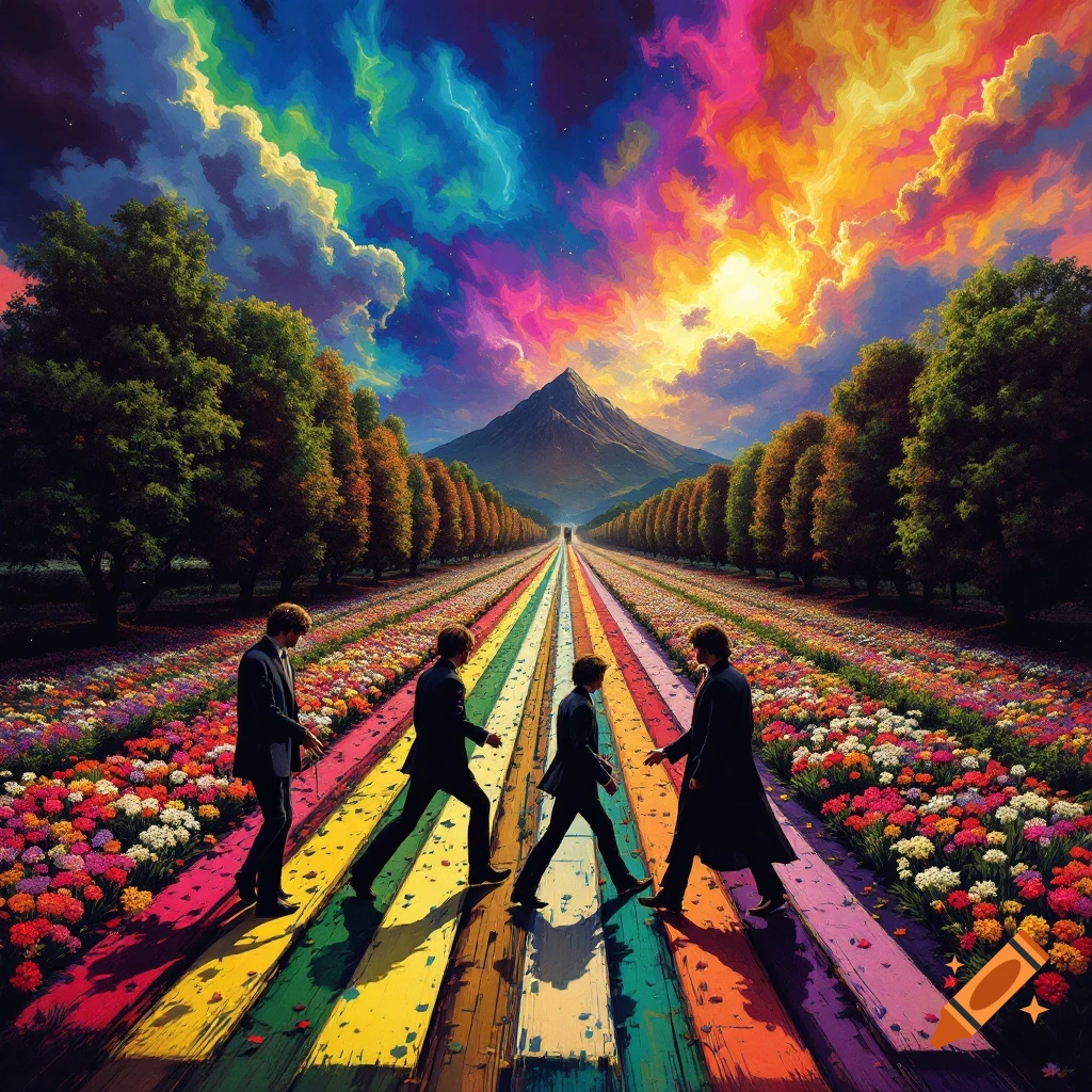 Four figures crossing a rainbow path in a surreal landscape with colorful flowers and sky.
