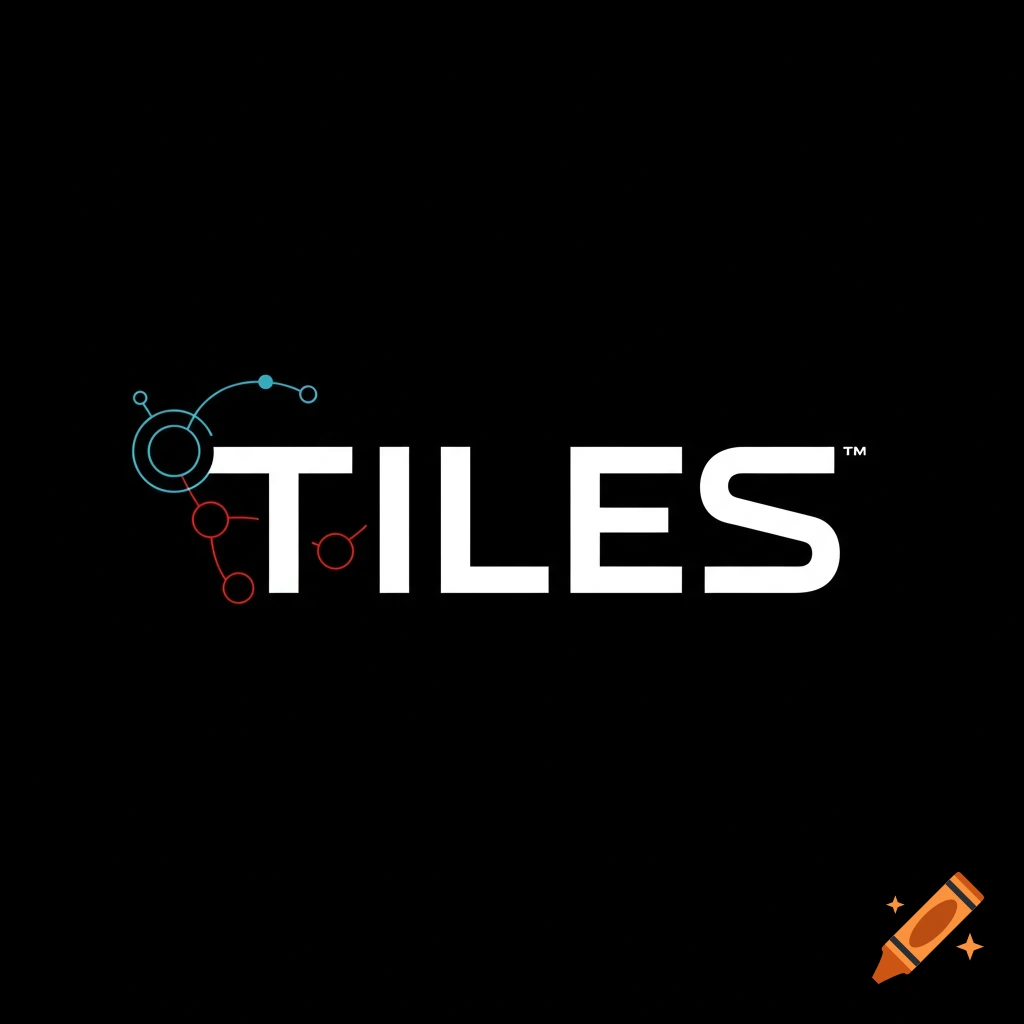 TILES logo with blue and red network graphic on black background.