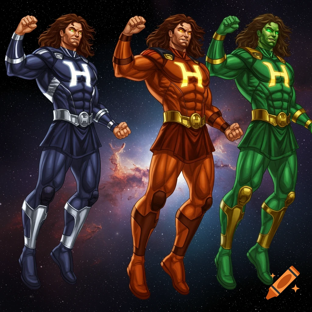 Three superheroes with an 'H' symbol on their chests, in blue/silver, orange/red, and green/gold costumes, flying in space.