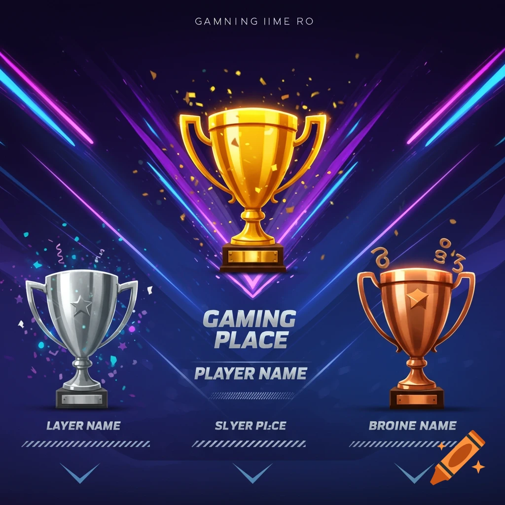 Illustration of gold, silver, and bronze gaming trophies on a dark background with bright lights and text placeholders.