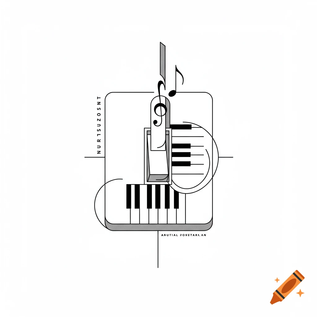 A minimalist line art design featuring piano keys, music notes, and a light switch on a white background.