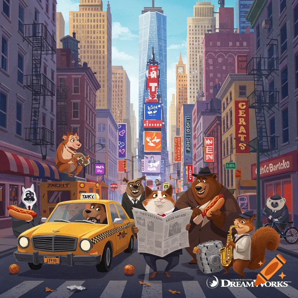 A cartoon of anthropomorphic animals on a New York City street with a taxi, reading a newspaper, and playing instruments.
