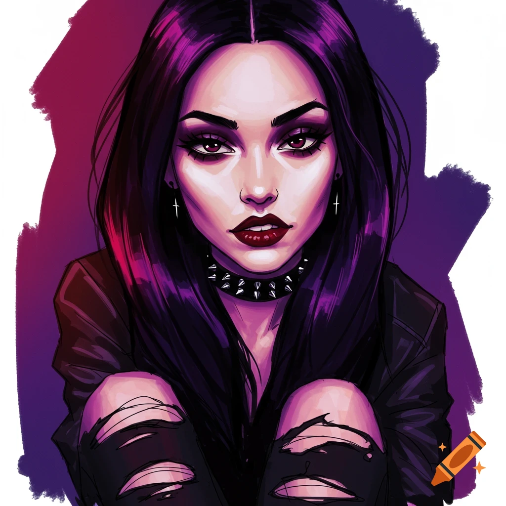 A woman with dark hair, makeup, ripped jeans, and a spiked collar.