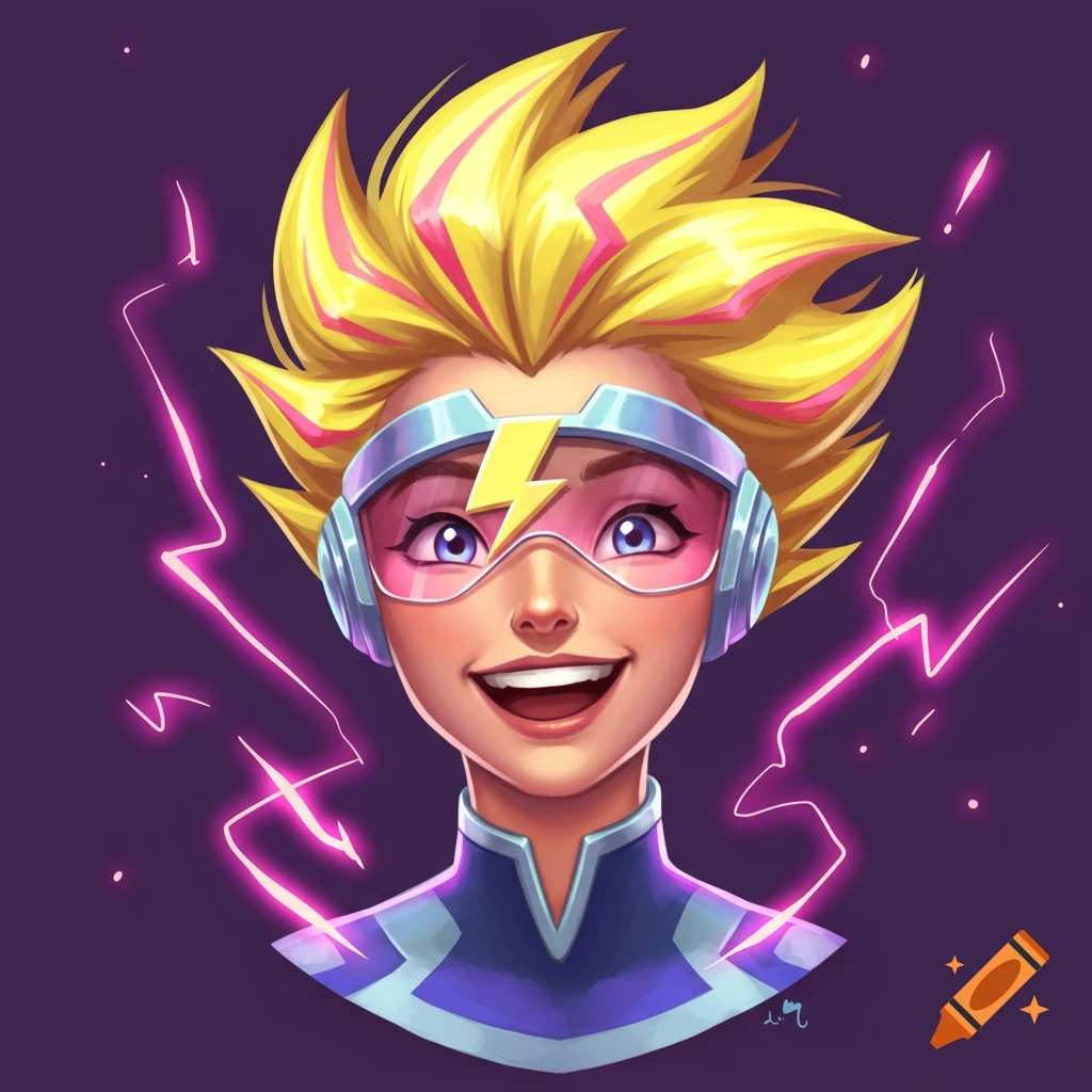 A character with spiky yellow hair with pink streaks and lightning goggles.