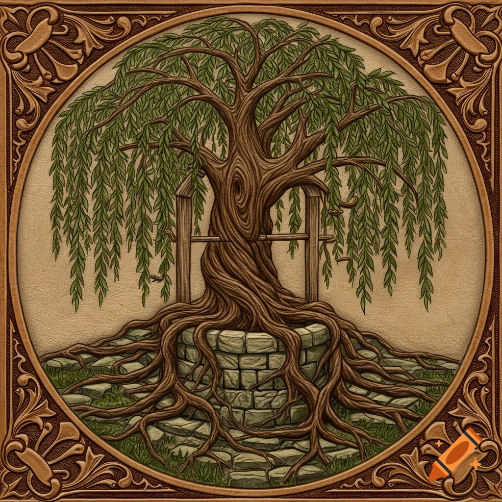 Leather tooled design of a willow tree with roots over a stone well