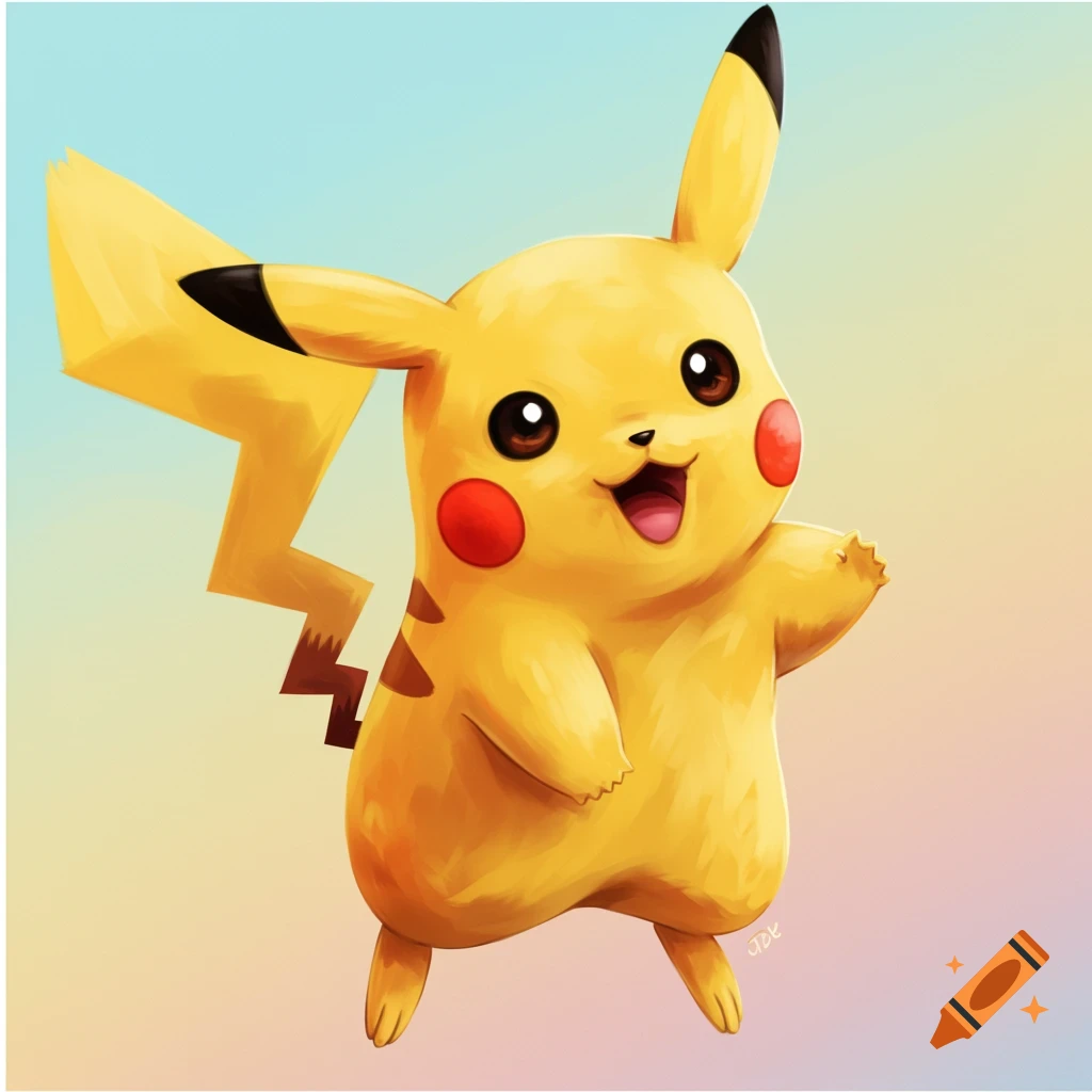 A dynamic illustration of a smiling Pikachu floating on a pastel gradient background.