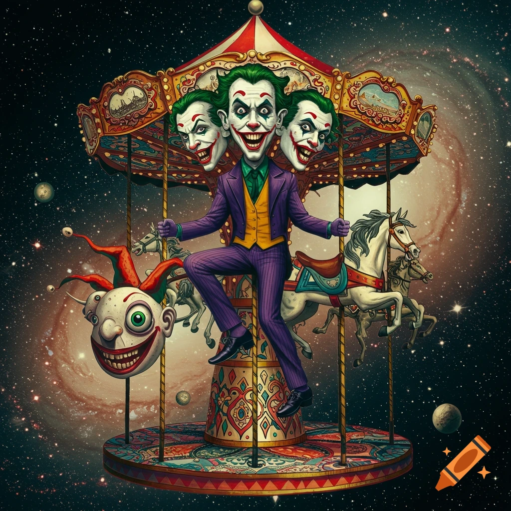 Multi-headed Joker rides a carousel in space. Surreal imagery.