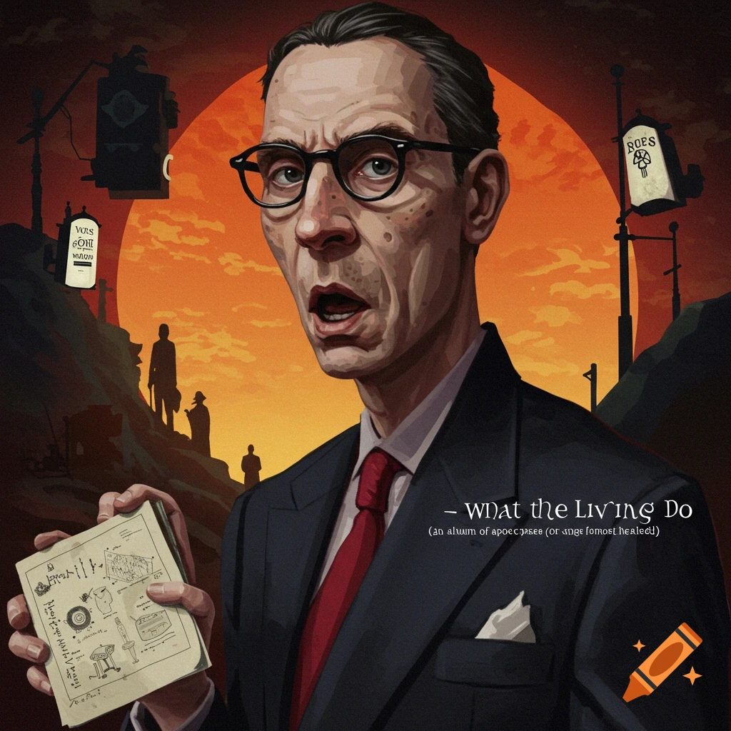 A man in a suit and glasses holding a booklet is depicted against a backdrop of a dramatic orange sunset with silhouetted figures and structures.