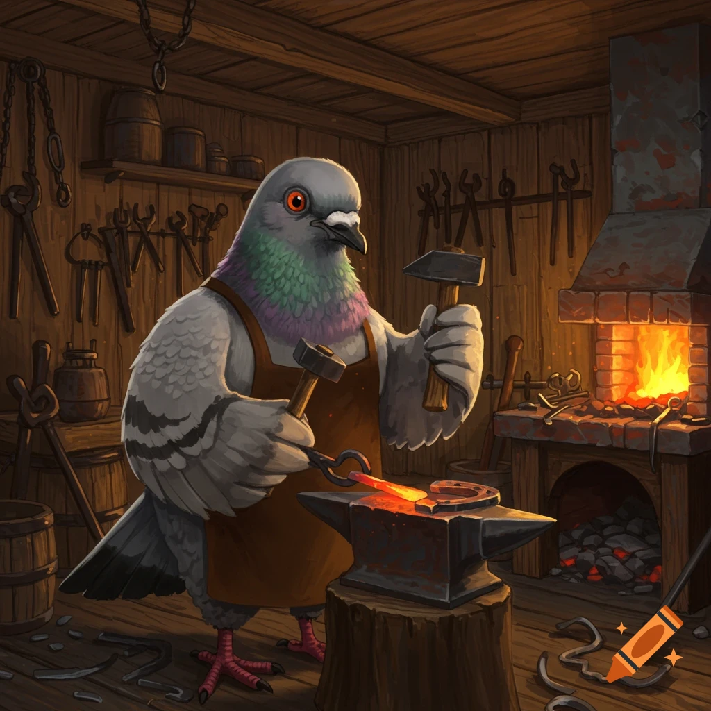 A cartoon pigeon works as a blacksmith, holding hammers and forging metal in a rustic workshop.